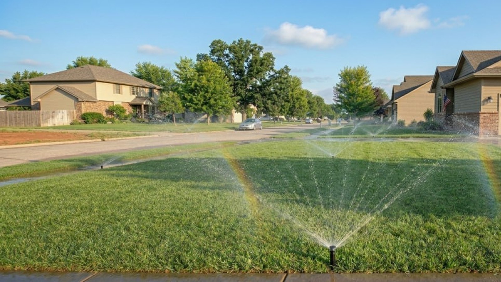 Irrigation sprinkler system installation in Enid Oklahoma Garfield County residential lawn summer