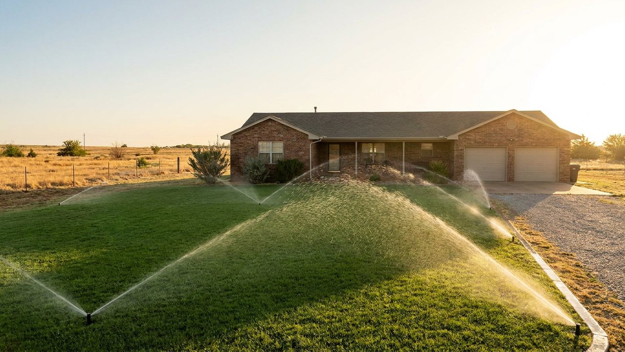 Irrigation sprinkler system running in Enid Oklahoma Garfield County residential lawn Bermuda grass early morning summer heat