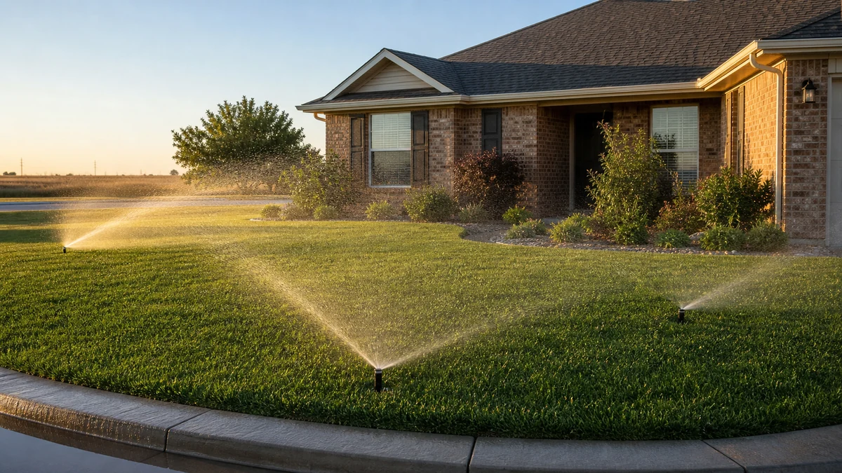 Irrigation sprinkler system running Enid Oklahoma Garfield County residential Bermuda grass early morning summer heat