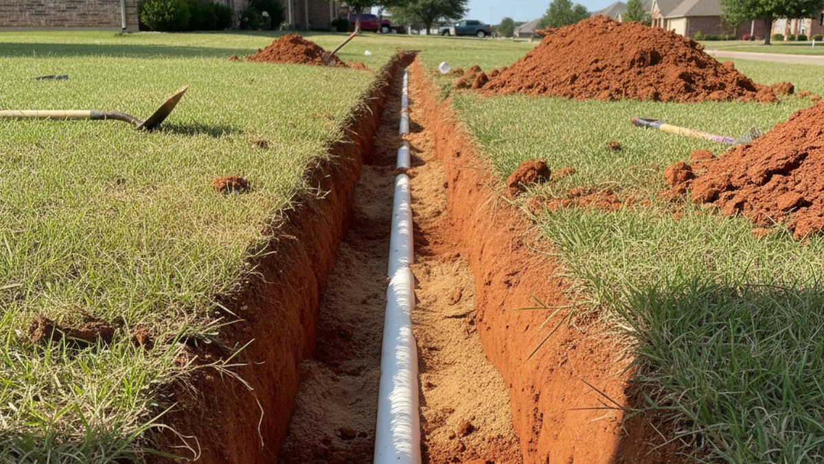 Irrigation lateral line trench Enid Oklahoma Garfield County clay soil PVC pipe residential system install